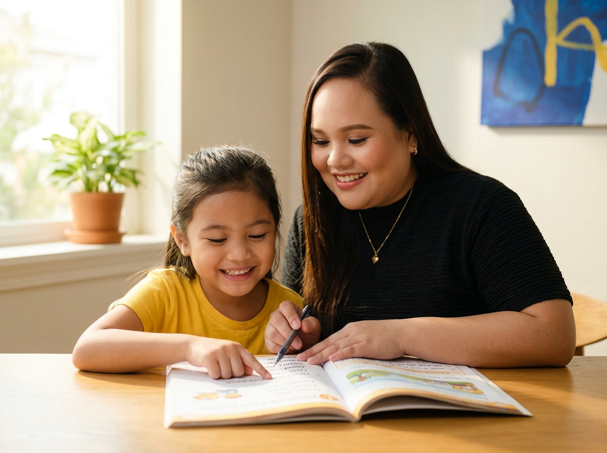 Teacher Czarina helping a young student read